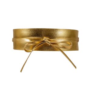 women faux leather waist belt, gold belts for women dresses, fashion wrap around obi belt (gold)