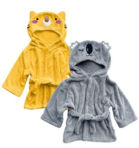 sunny zzzzz 2 pack unisex baby plush animal face robe for 0-9 months - neutral design softest newborn clothes for boys and girls - baby essentials registry search gifts - cat and koala
