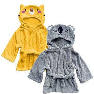 Sunny zzzZZ 2 Pack Unisex Baby Plush Animal Face Robe for 0-9 Months - Neutral Design Softest Newborn Clothes for Boys and Girls - Baby Essentials Registry Search Gifts - Cat and Koala