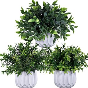 winlyn 3 pcs faux potted plants set - artificial eucalyptus, rosemary, boxwood greenery in small white geometric planters for indoor outdoor desk table centerpiece shelf windowsill home office decor