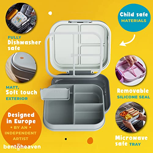 Bentoheaven Premium Bento Lunch Box for Kids, 9 Designs, Leak-proof 3-4 Compartments, Divider, Ideal size 30oz, Microwave/Dishwasher Safe Kids Bento Box (Loncheras Para Niños/Niñas)[Sand Gray]