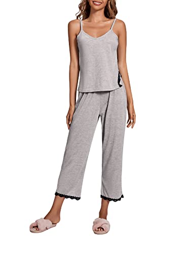 LYANER Women's Pajamas Set V Neck Sleeveless Cami Top with Pants PJ Sets Sleepwear Grey Medium