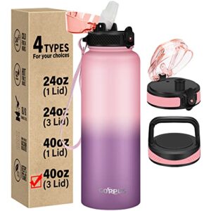 goppus 40 oz insulated water bottle with straw stainless steel sports water cup flask with 3 lids (straw, spout and handle lid) wide mouth resusable metal water bottles keep hot and cold for men women