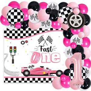 72pcs racing car theme birthday party decorations for girls, pink racing 1st birthday decoration, fast one backdrop pink black balloon garland kit for children race car 1st birthday party supplies