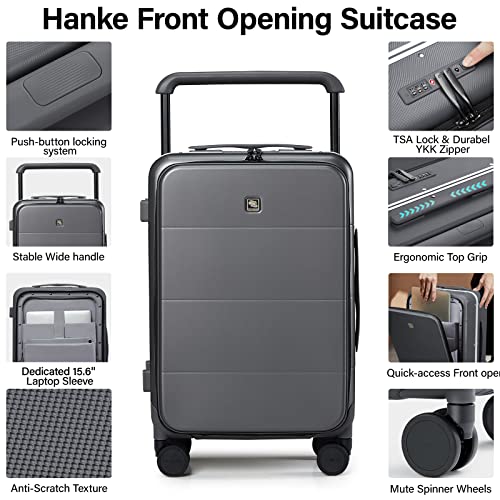 Hanke Carry On Luggage Airline Approved Hard Shell Suitcase with Spinner Wheels TSA Luggage Travel Suitcases Wide Handle for Men Women(Graphite Grey)