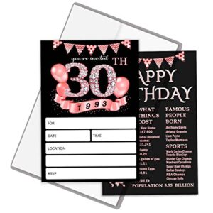 qzcyu 30th birthday invitations with envelopes for woman, 30th birthday party invitations, black & rose gold adult birthday invitations - set of 20