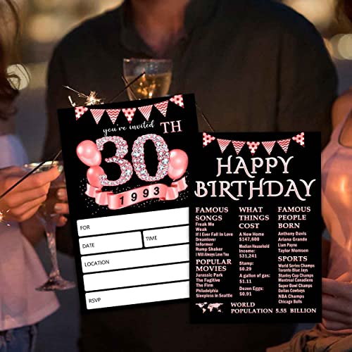 QZCYU 30th Birthday Invitations with Envelopes For Woman, 30th Birthday Party Invitations, Black & Rose Gold Adult Birthday Invitations - Set of 20