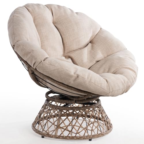 Bme Ergonomic Wicker Papasan Chair with Soft Thick Density Fabric Cushion, High Capacity Steel Frame, 360 Degree Swivel for Living, Bedroom, Reading Room, Lounge, Sepia Sand - Brown Base