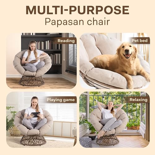 Bme Ergonomic Wicker Papasan Chair with Soft Thick Density Fabric Cushion, High Capacity Steel Frame, 360 Degree Swivel for Living, Bedroom, Reading Room, Lounge, Sepia Sand - Brown Base