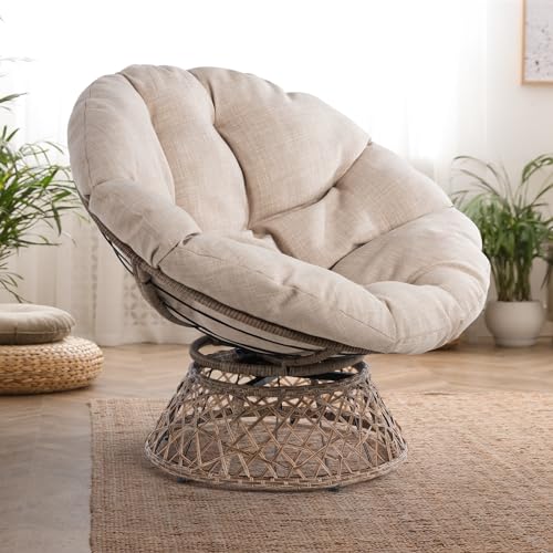 Bme Ergonomic Wicker Papasan Chair with Soft Thick Density Fabric Cushion, High Capacity Steel Frame, 360 Degree Swivel for Living, Bedroom, Reading Room, Lounge, Sepia Sand - Brown Base