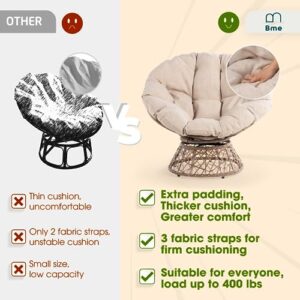 Bme Ergonomic Wicker Papasan Chair with Soft Thick Density Fabric Cushion, High Capacity Steel Frame, 360 Degree Swivel for Living, Bedroom, Reading Room, Lounge, Sepia Sand - Brown Base