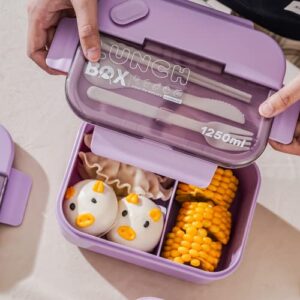 NIOIPXA Bento Box 2 or 3 Compartments, 1250ml/42oz Microwaveable Lunch Box with Tableware (Purple,2 compartments)