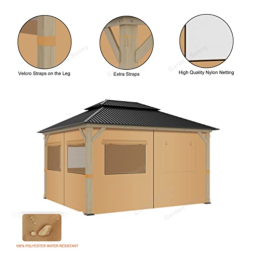 Garden Sunny 10'x10' Gazebo Universal Replacement Privacy Curtains with Mosquito Windows - Closable Screen with Zipper 2 in 1 Design 4-Panels Protecting Shade Set (Only Sidewasll and Netting)- Khaki