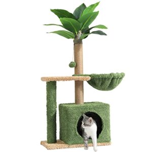 MSmask Cat Tree with Square Condo, Artificial Palm Tree Cat Tower with Sisal Scratching Post, Hammock, Plush Platform, Climbing Nature Cat Tree for Indoor Cats