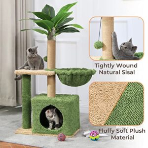 MSmask Cat Tree with Square Condo, Artificial Palm Tree Cat Tower with Sisal Scratching Post, Hammock, Plush Platform, Climbing Nature Cat Tree for Indoor Cats