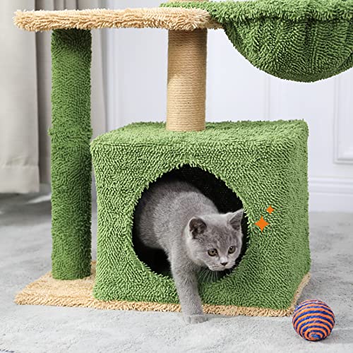 MSmask Cat Tree with Square Condo, Artificial Palm Tree Cat Tower with Sisal Scratching Post, Hammock, Plush Platform, Climbing Nature Cat Tree for Indoor Cats