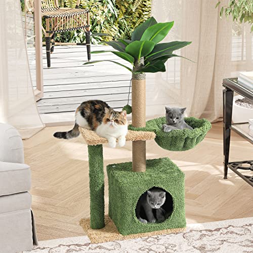 MSmask Cat Tree with Square Condo, Artificial Palm Tree Cat Tower with Sisal Scratching Post, Hammock, Plush Platform, Climbing Nature Cat Tree for Indoor Cats