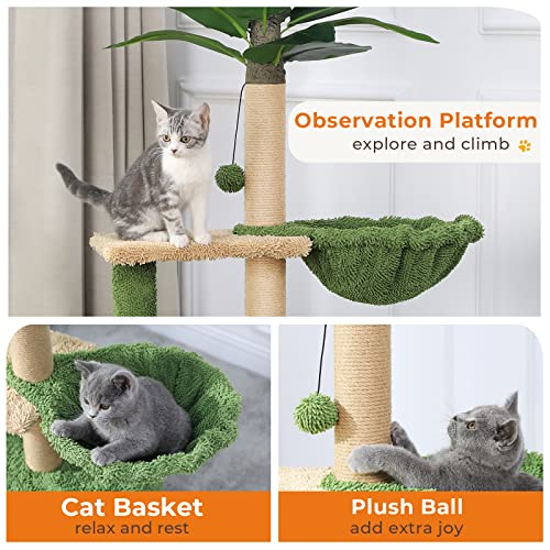 MSmask Cat Tree with Square Condo, Artificial Palm Tree Cat Tower with Sisal Scratching Post, Hammock, Plush Platform, Climbing Nature Cat Tree for Indoor Cats