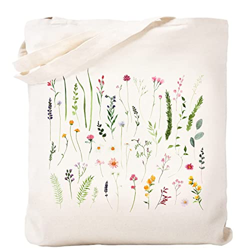 Haukea Flowers Canvas Tote Bag Aesthetic for Women Cute Wildflower Botanical Tote Bags with Pockets Reusable Book Tote Shopping Bags