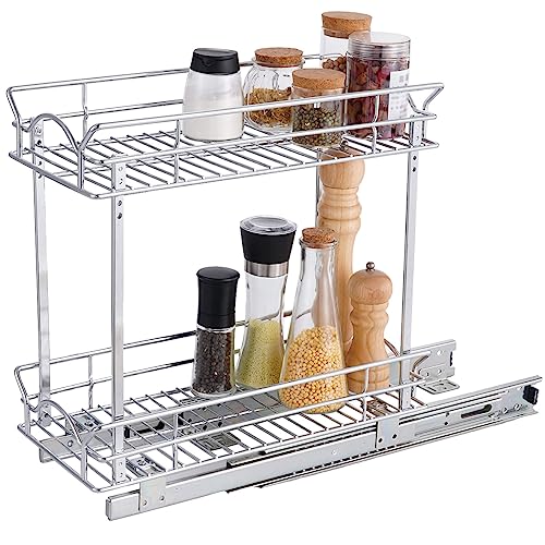 OCG Slide Out Cabinet Organizer for Narrow Cabinet (9" W X 21" D), 2 Tier Pull Out Shelves Slim Sliding Cabinet Organizer and Storage, Chrome