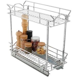 OCG Slide Out Cabinet Organizer for Narrow Cabinet (9" W X 21" D), 2 Tier Pull Out Shelves Slim Sliding Cabinet Organizer and Storage, Chrome