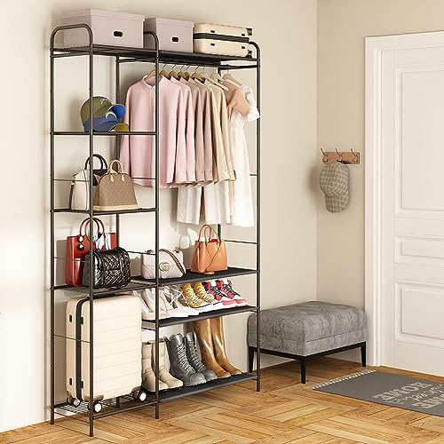 Wisdom Star Garment Rack with Shelves for Hanging Clothes, Free-Standing Clothes Rack with Shelves for Bedroom, Bathroom, Metal Clothes Racks for Hanging Clothes, Coats, Skirts, Shoes, Large, Black