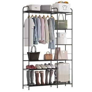 Wisdom Star Garment Rack with Shelves for Hanging Clothes, Free-Standing Clothes Rack with Shelves for Bedroom, Bathroom, Metal Clothes Racks for Hanging Clothes, Coats, Skirts, Shoes, Large, Black