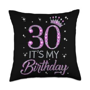 happy 30 years old men women birthday gift 30 pink crown 30th birthday gifts for her throw pillow, 18x18, multicolor