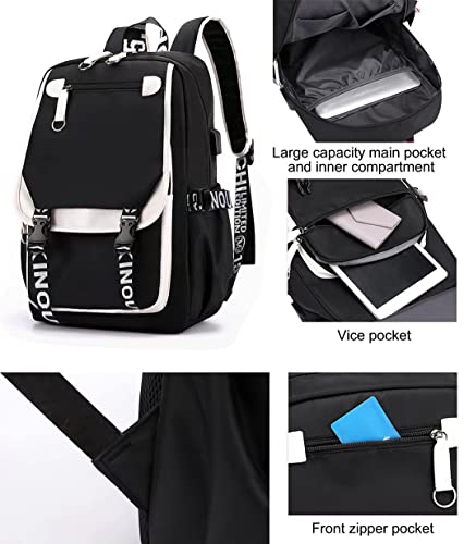 Aezbuxl Girls Lightweight Backpack Casual USB Backpack Portable Laptop Computer Bag Durable Teens Book Bag Black and White black(17 in)