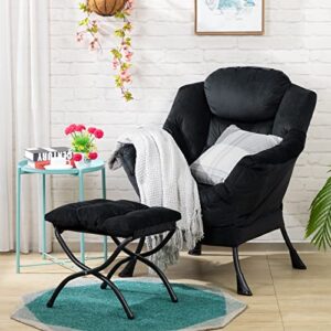 HollyHOME Modern Fabric Large Lazy Chair, Accent Comfy Upholstered Lounge Chair, Thick Padded Back Reading Chair with Armrest, Single Leisure Sofa Chair for Bedroom, Living Room, Dorm, Black