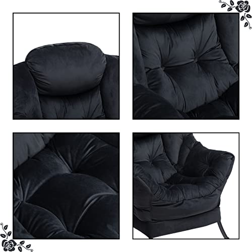 HollyHOME Modern Fabric Large Lazy Chair, Accent Comfy Upholstered Lounge Chair, Thick Padded Back Reading Chair with Armrest, Single Leisure Sofa Chair for Bedroom, Living Room, Dorm, Black