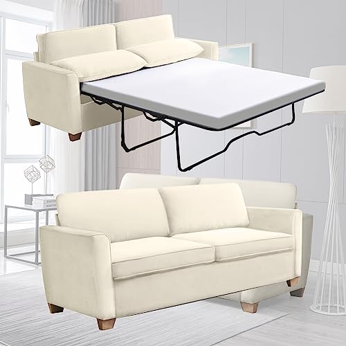 Mjkone 2-in-1 Pull Out Sofa Bed, Full Size Velvet Sleeper Sofa Bed with Folding Mattress, Pull Out Couch Bed for Living Room, Sofa Sleeper for Apartment/Small Spaces (Full, Beige)