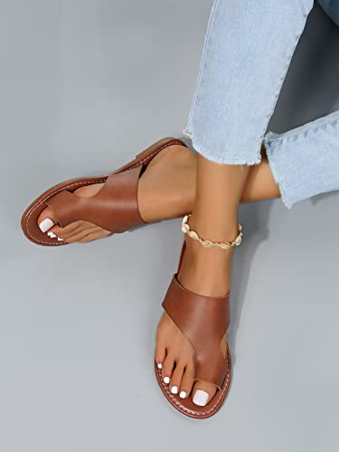 GORGLITTER Open Toe Flat Sandals Single Band Toe Ring Thong Sandals Flip Flops Brown EUR38