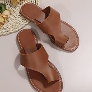 GORGLITTER Open Toe Flat Sandals Single Band Toe Ring Thong Sandals Flip Flops Brown EUR38