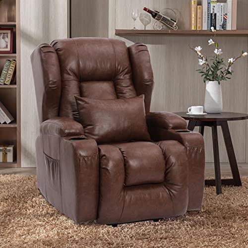 BINGTOO Electric Power Recliner Chair with Massage and Heat Recliner Chairs for Adults, Leather Home Theater Seating with Lumbar Pillow, Cup Holders, USB Port