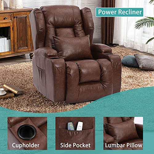 BINGTOO Electric Power Recliner Chair with Massage and Heat Recliner Chairs for Adults, Leather Home Theater Seating with Lumbar Pillow, Cup Holders, USB Port