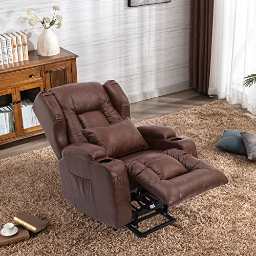 BINGTOO Electric Power Recliner Chair with Massage and Heat Recliner Chairs for Adults, Leather Home Theater Seating with Lumbar Pillow, Cup Holders, USB Port