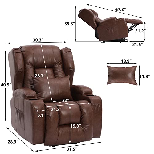 BINGTOO Electric Power Recliner Chair with Massage and Heat Recliner Chairs for Adults, Leather Home Theater Seating with Lumbar Pillow, Cup Holders, USB Port