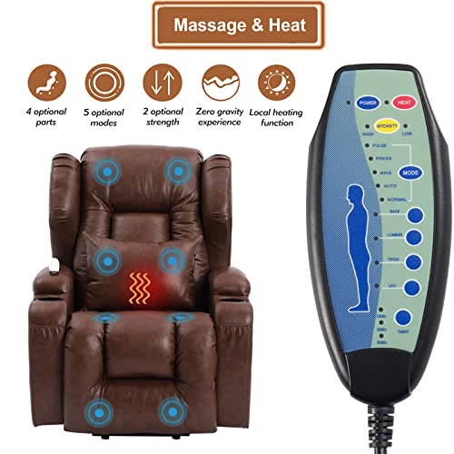 BINGTOO Electric Power Recliner Chair with Massage and Heat Recliner Chairs for Adults, Leather Home Theater Seating with Lumbar Pillow, Cup Holders, USB Port