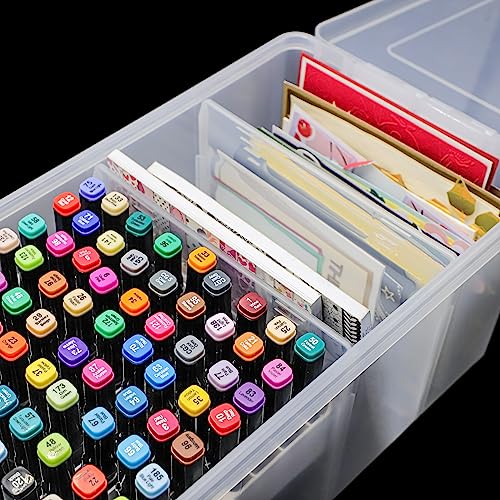 SUNMAIO Greeting Card Storage bin with 3 Removable Dividers and a marker holder, Photo organizer case for Photo,Scrapbook,Craft, Marker, Crayon