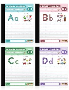 sunee primary composition notebooks (4 pack) - kids handwriting & drawing story journal - grades k-2, 9 3/4" x 7 1/2", 80 sheets/160 pages, assorted colors