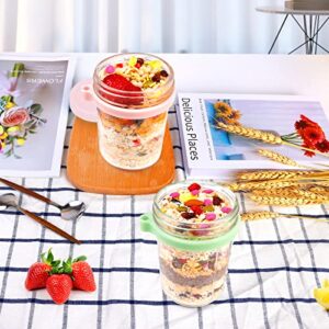 Overnight Oats Containers with Lids and Spoon, Wide Mouth Mason Jars 16 Oz Overnight Oats Jars with Measure Mark,2 Pack Oatmeal Container Glass Mason Jars for Overnight Oats Salad (Pink/Light Green)