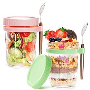 overnight oats containers with lids and spoon, wide mouth mason jars 16 oz overnight oats jars with measure mark,2 pack oatmeal container glass mason jars for overnight oats salad (pink/light green)