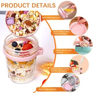 Overnight Oats Containers with Lids and Spoon, Wide Mouth Mason Jars 16 Oz Overnight Oats Jars with Measure Mark,2 Pack Oatmeal Container Glass Mason Jars for Overnight Oats Salad (Pink/Light Green)