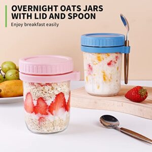 SUREHOME Overnight Oats Containers with Lids and Spoon, 16 Oz Glass Mason Jars for overnight oats oatmeal container to go meal prep jars with Measurement Marks for Pudding Milk Cereal Salad (2 Pack)