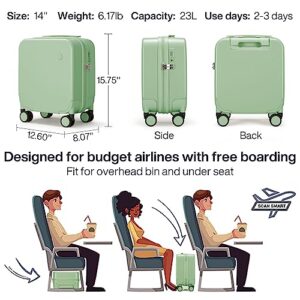 14 Inch Underseat Luggage Carry on Suitcase Free Boarding Personal Item, Mixi Spinner Wheels Hardshell Lightweight PC Suitcases for Short Travel, Avocado Green