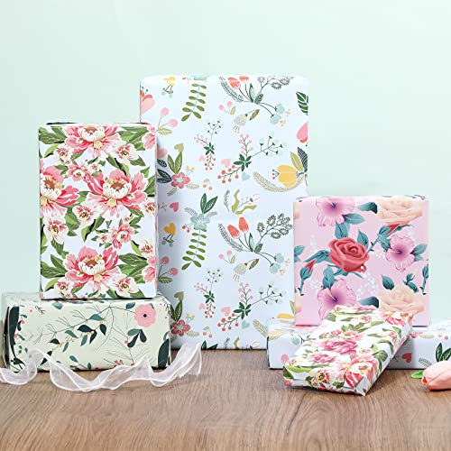 PlandRichW Floral Wrapping Paper Folded Sheets for Women Girls Baby, 12 Sheets Recycled Gift Wrapping Paper for Wedding, Birthday, Mother's Day, Party, Baby Shower, Precut 20" X 29"