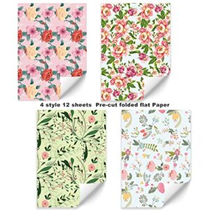 PlandRichW Floral Wrapping Paper Folded Sheets for Women Girls Baby, 12 Sheets Recycled Gift Wrapping Paper for Wedding, Birthday, Mother's Day, Party, Baby Shower, Precut 20" X 29"