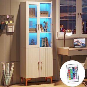 tribesigns bookcase with doors and led light, white bookshelf with 5-tier storage shelves, freestanding tall storage cabinet for living room, office, bathroom
