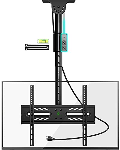 Greenstell Ceiling TV Mount with Power Outlet, TV Mount for 26-65 inch TVs, TV Ceiling Mount with 900J Surge Protection, Swivel, Tilt and 6 Height Adjustable, Max VESA 400x400mm, Holds up to 110Lbs